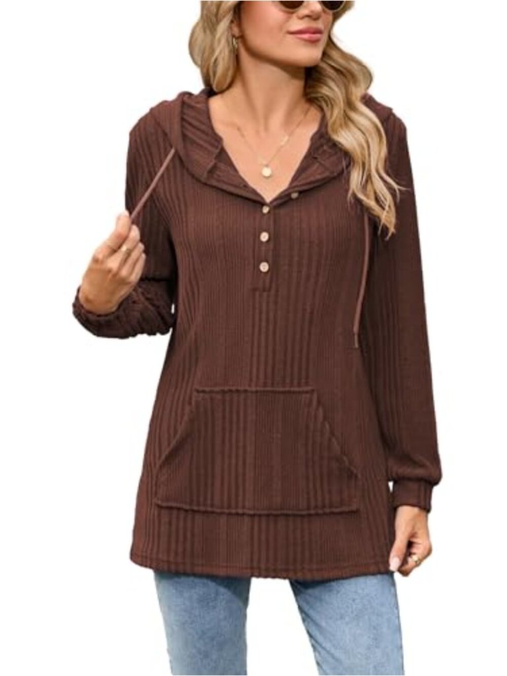 Women's Hooded Button Sweatshirt Long Sleeve Kangaroo Pocket
